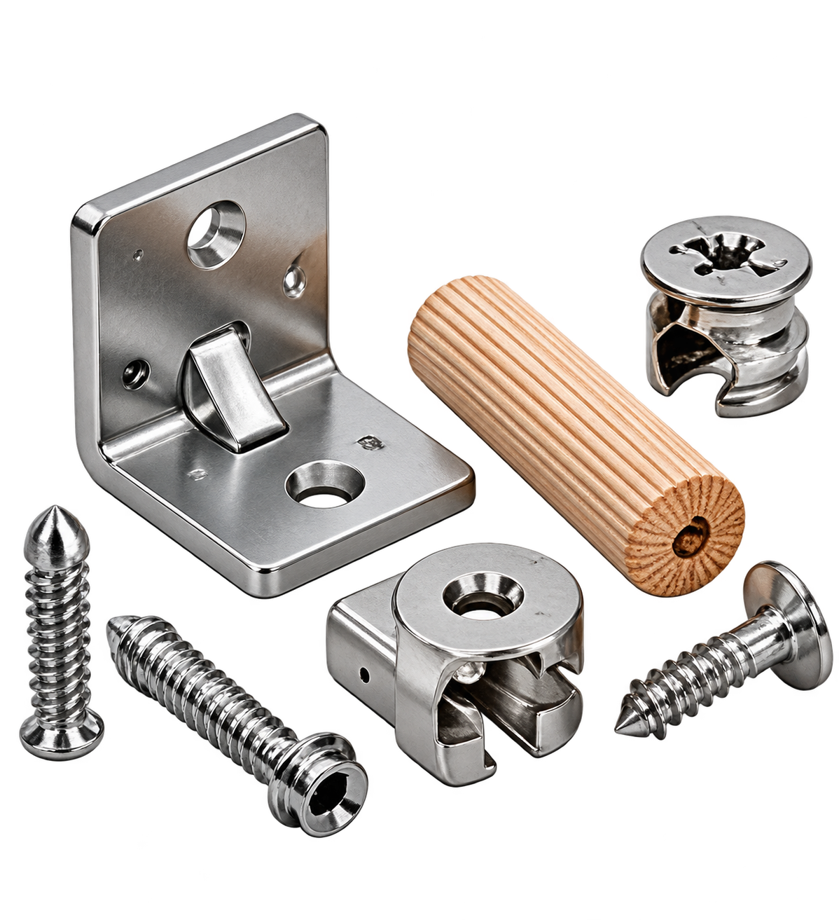 Studio image of cam locks & connectors hardware