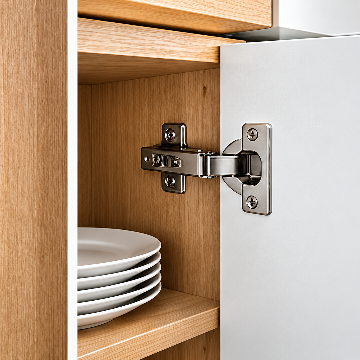 Concealed hinge installed inside a light wood cabinet with white dinnerware