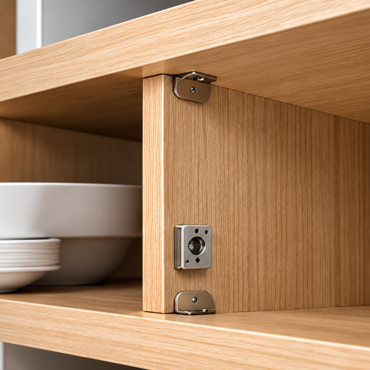 Furniture cam fitting and connecting fastener fitted inside a wood cabinet corner