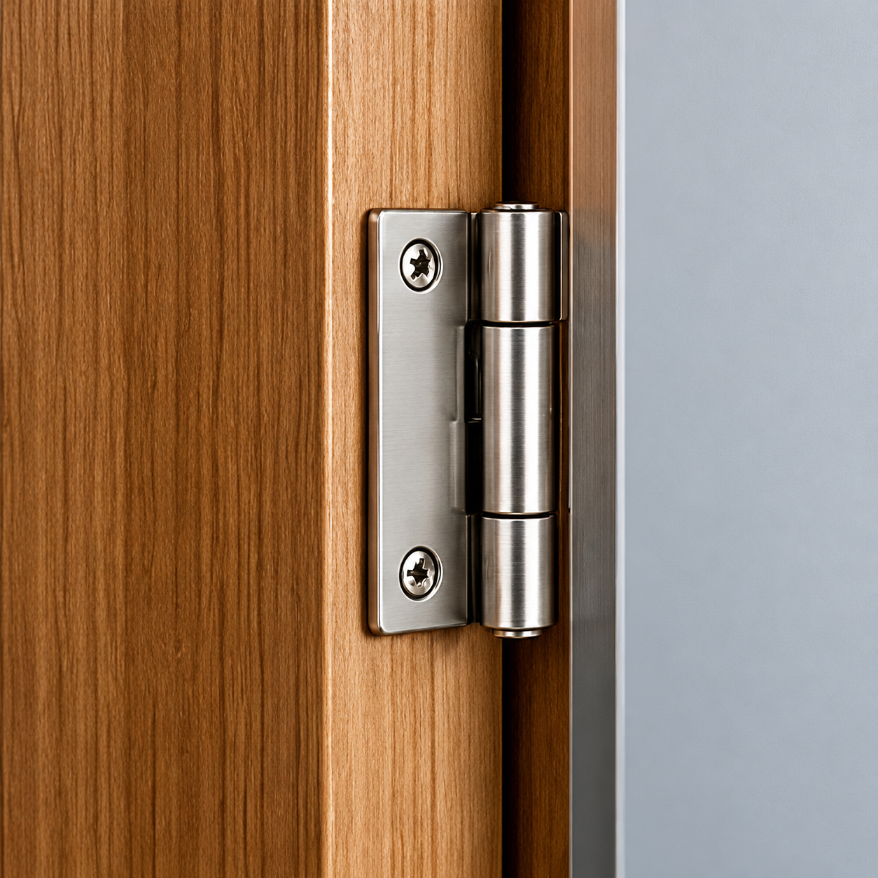 Metal butt hinge fixed to a natural timber cabinet door