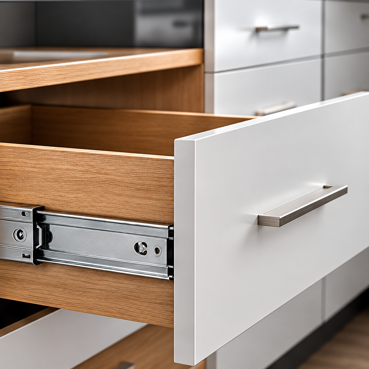 Kitchen drawer pulled open showing metal side runners