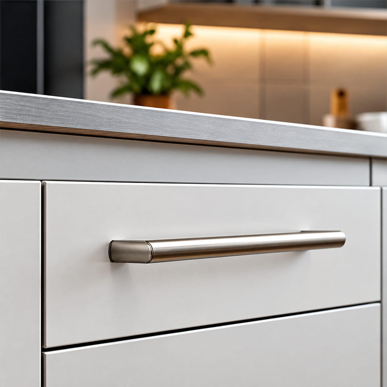 Brushed brass pull handle and circular brass knob on warm white cabinet fronts