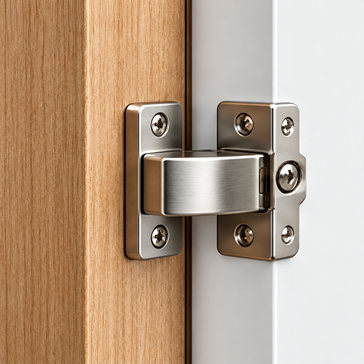 Push-open fitting and shelf in a natural wood cabinet interior