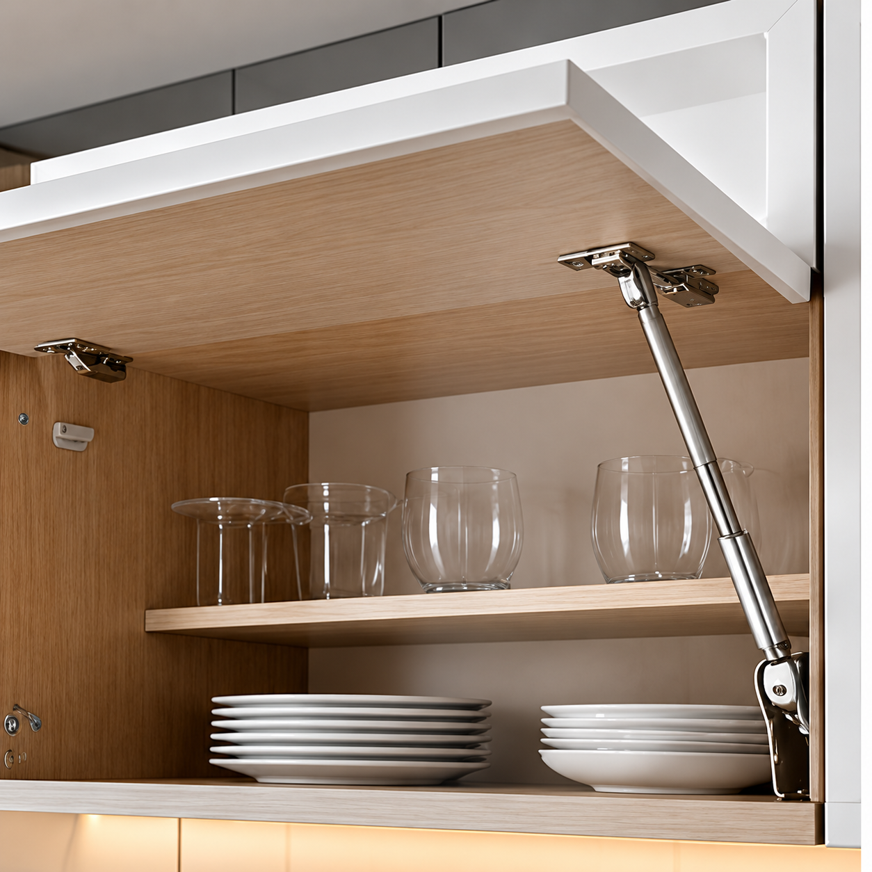 Upper kitchen cabinet lifted open by two articulated metal door stays