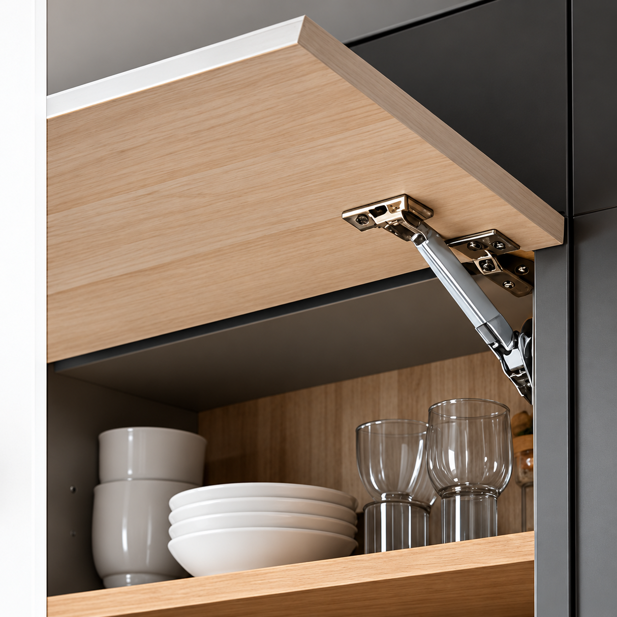 Lift-up cabinetry and metal specialty hinge in a contemporary kitchen