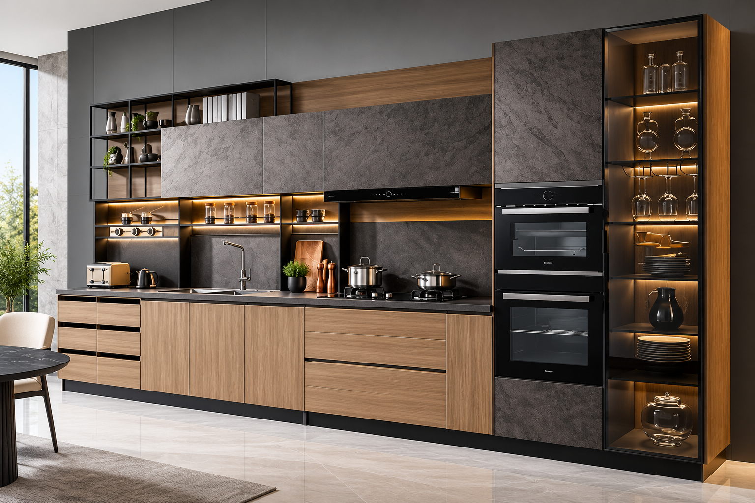 Warm neutral cabinetry and display shelves
