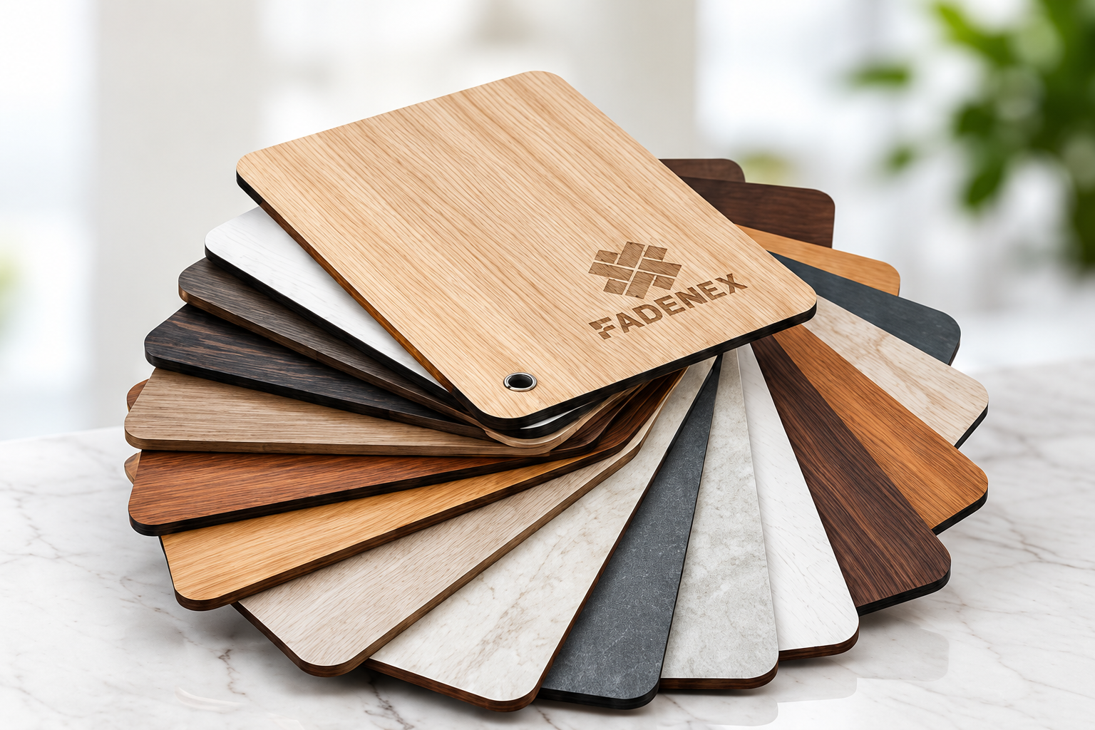 FADENEX HPL catalogue with an open book of laminate surfaces