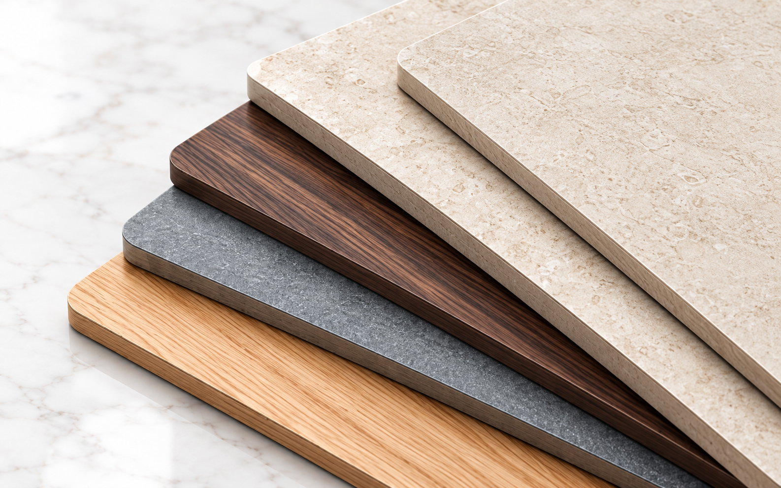 Decorative HPL panels in neutral and woodgrain finishes