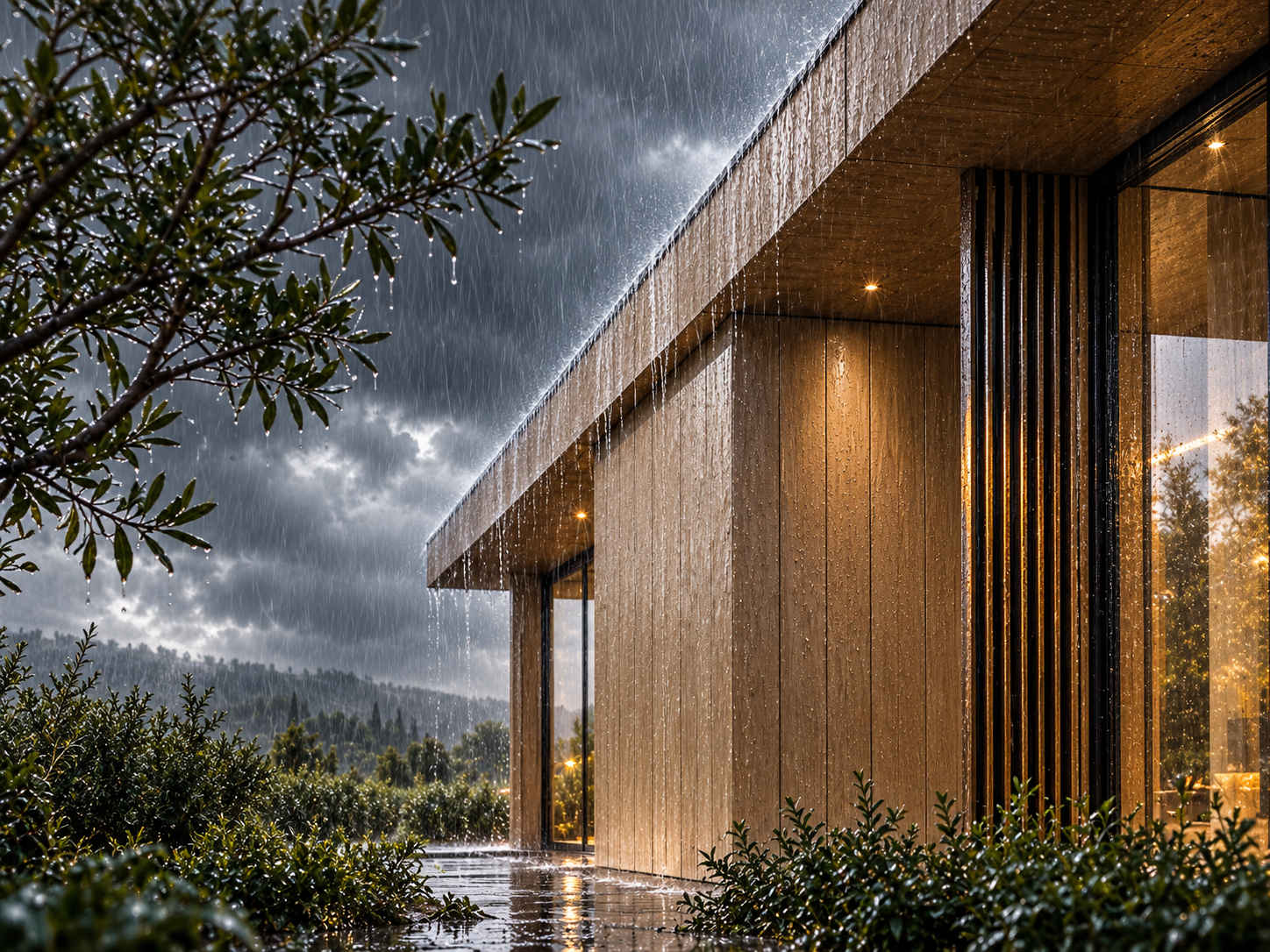 Architectural exterior with wood-look panels used above the ground