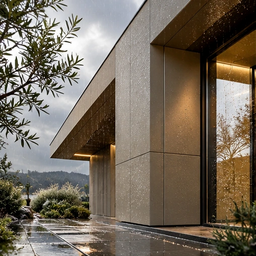 Rain on a modern exterior facade with mineral-toned cladding