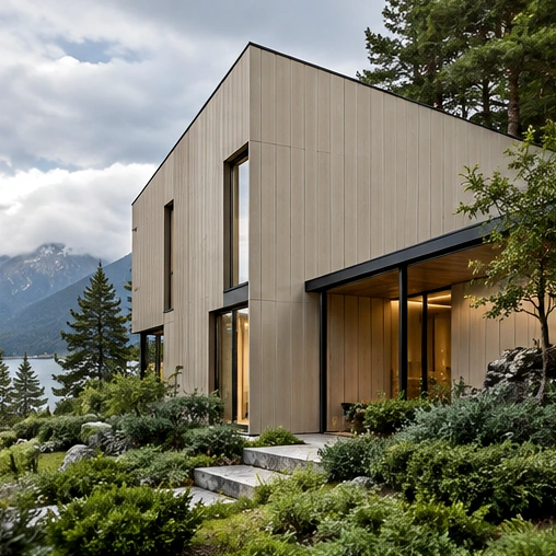 Modern house with vertical exterior cladding against alpine scenery