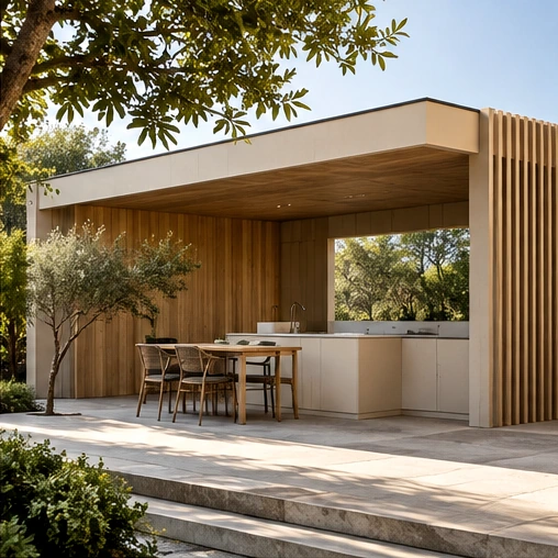 Covered outdoor kitchen and pavilion with fitted timber-like panels