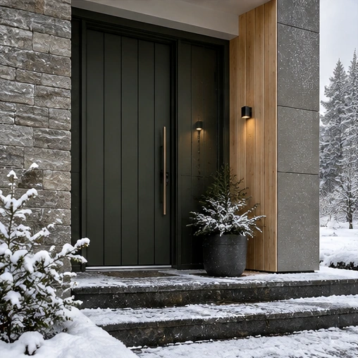 Dark exterior entrance door in snowy weather
