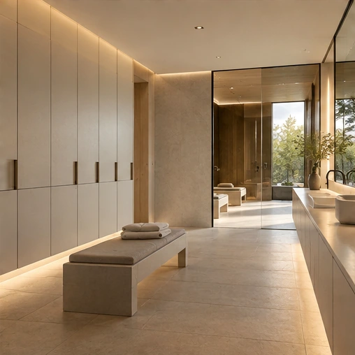 Minimal spa-style indoor cabinet joinery in a humid environment