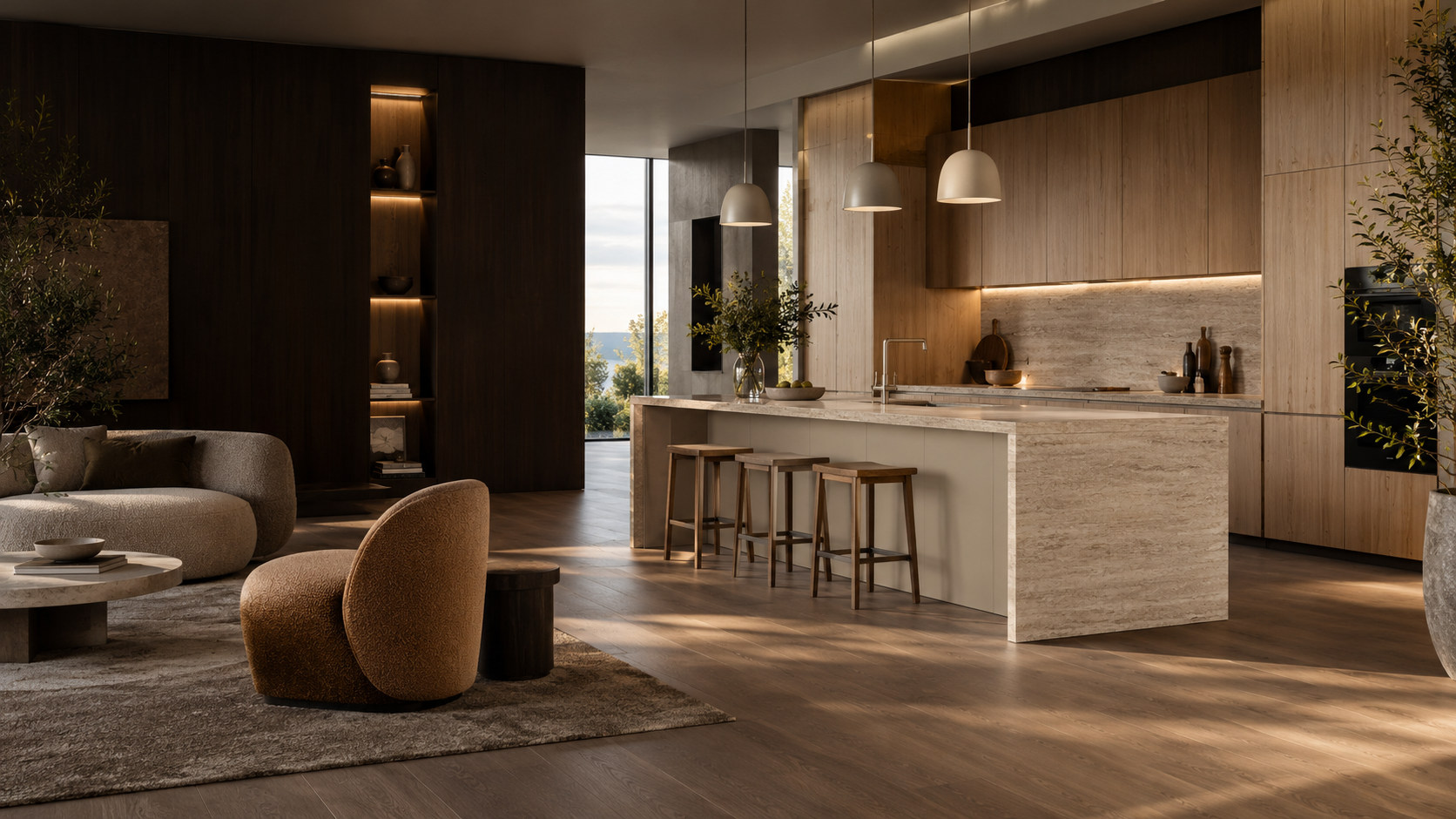 Architectural interior with wood cabinetry, stone kitchen island and calm natural materials