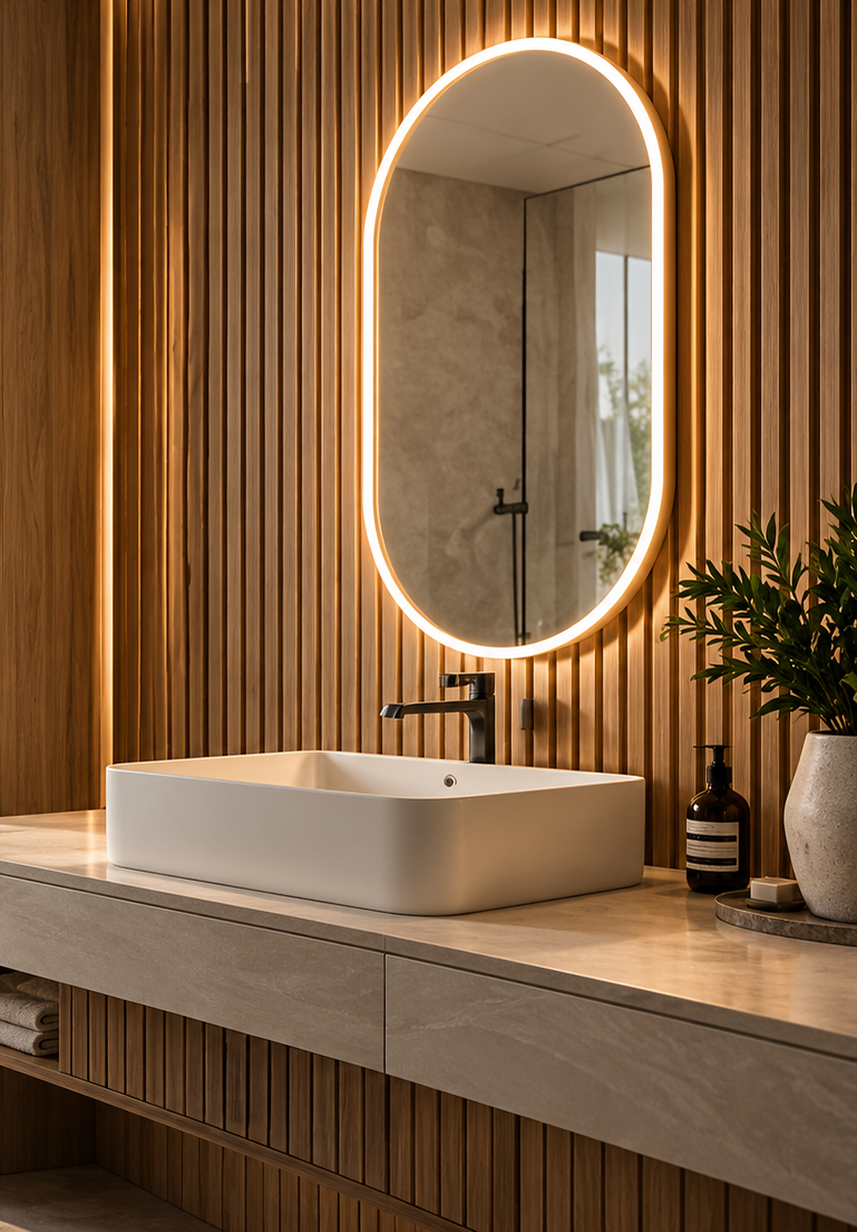 Illustrative interior timber joinery in an elegant bathroom