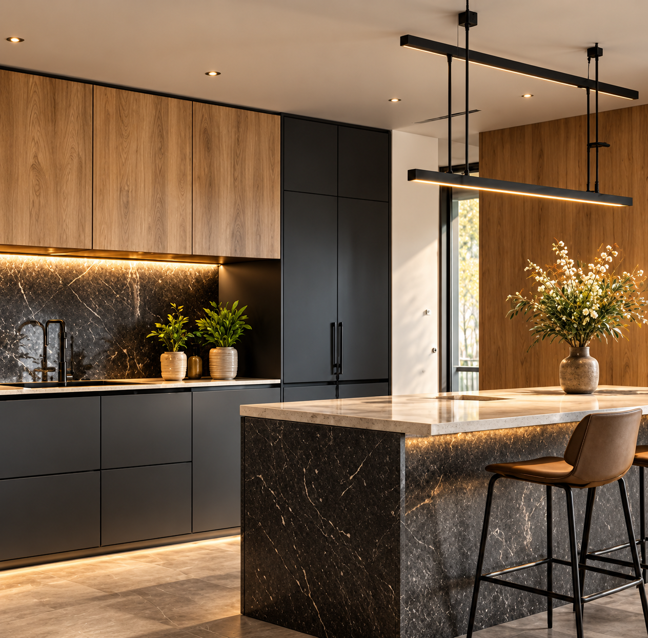Illustrative fitted kitchen with wood-toned cabinets and dark stone