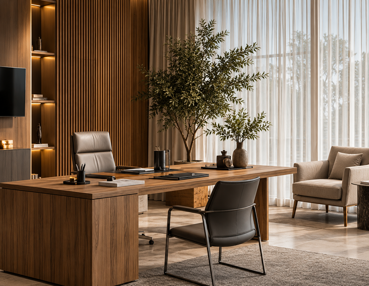 Illustrative modern home office with timber joinery