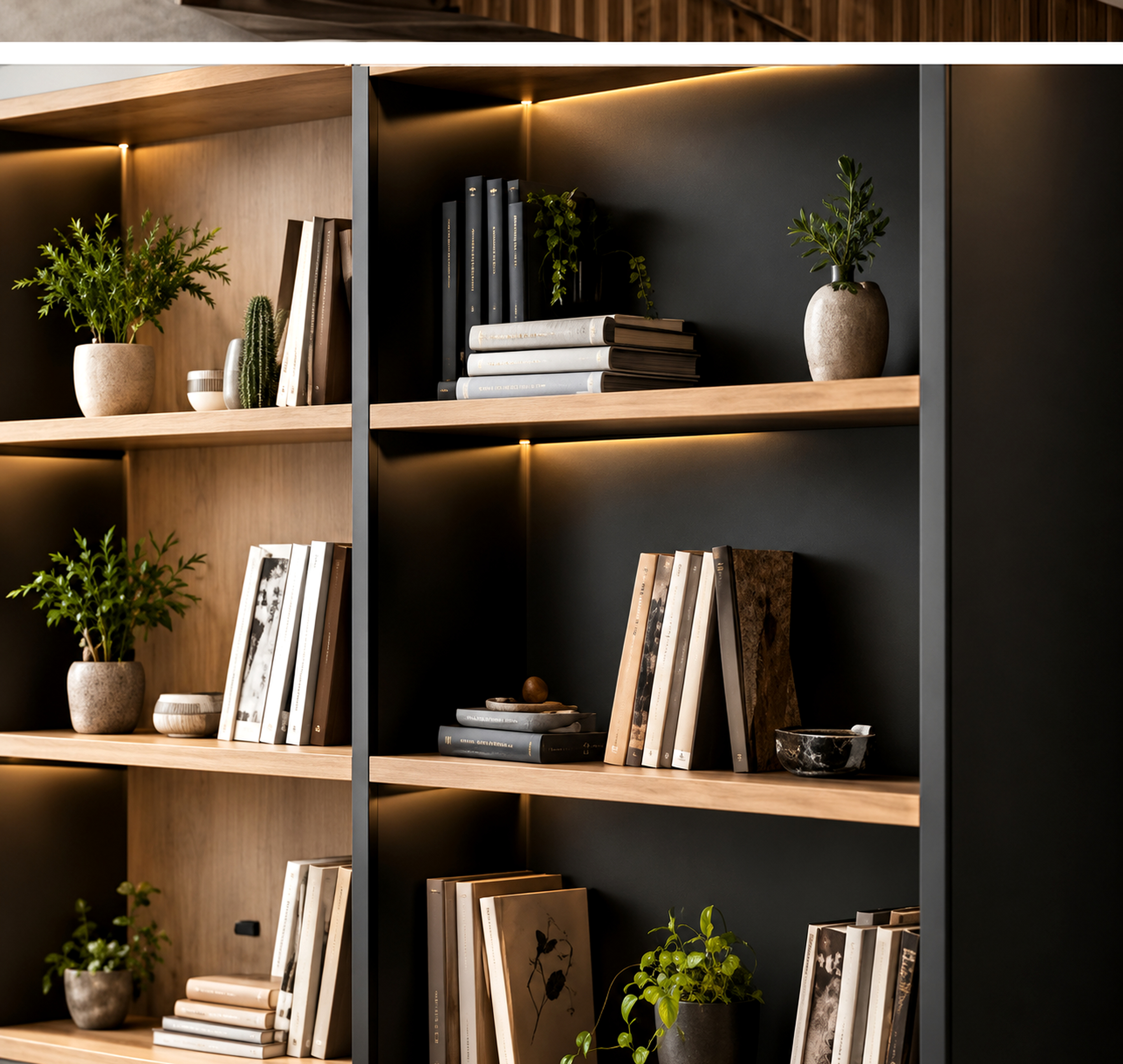 Illustrative timber shelving and furniture in a living space