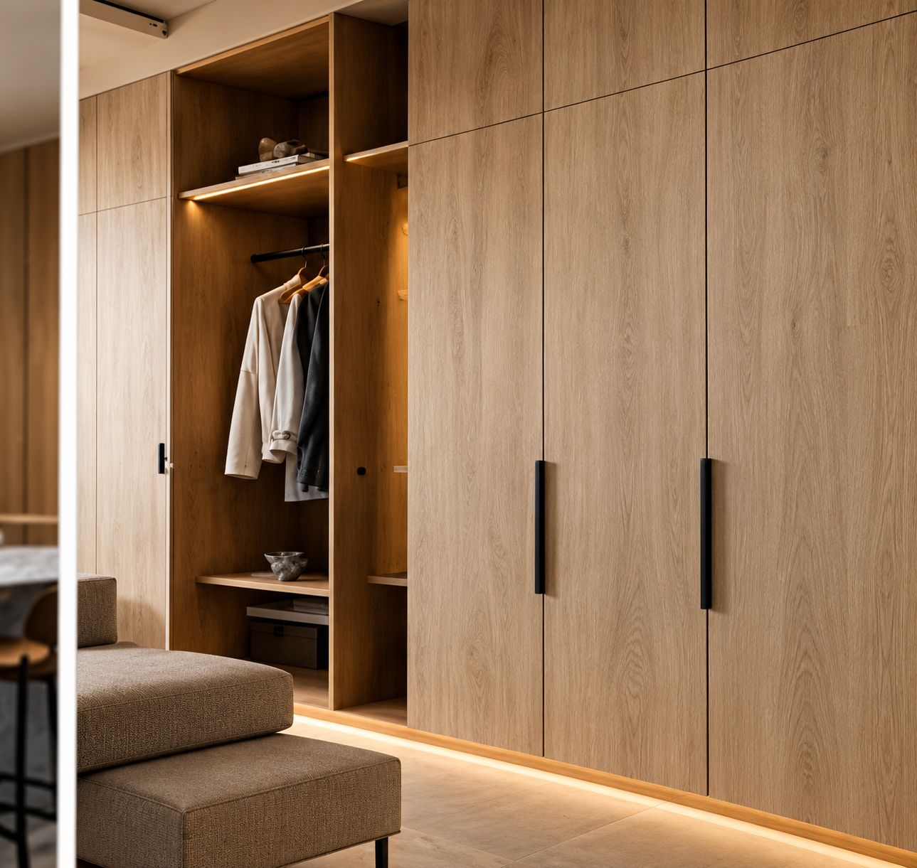 Illustrative modern dressing room with full-height wardrobes