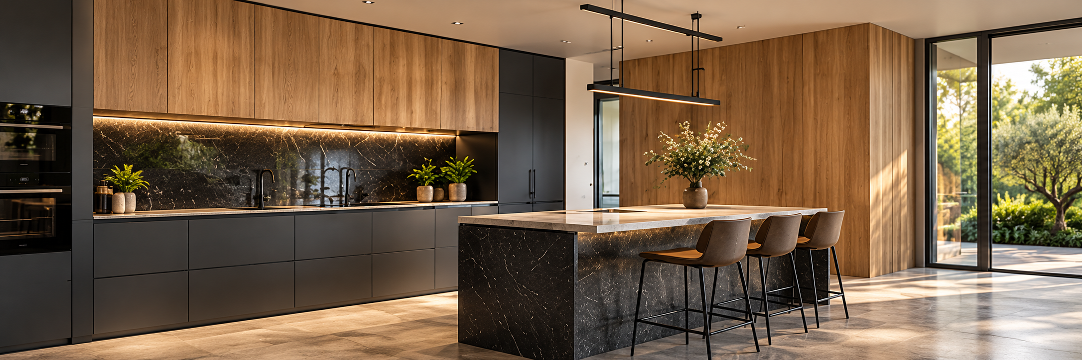Minimalist warm-toned interior showing cabinetry and fitted furniture