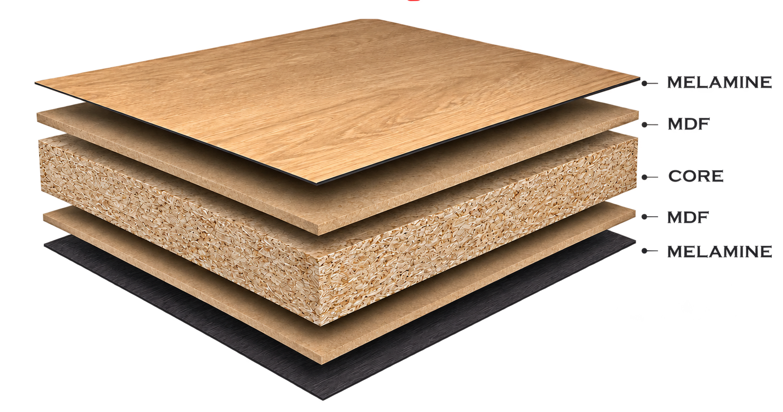 Close-up of illustrative layered decorative particleboards showing melamine surfaces and wood-based cores